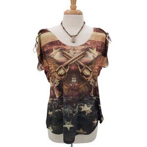 All Star Clothing Womens Short Sleeve Rhinestone Pistol Gun Graphic T-Shirt Sz L